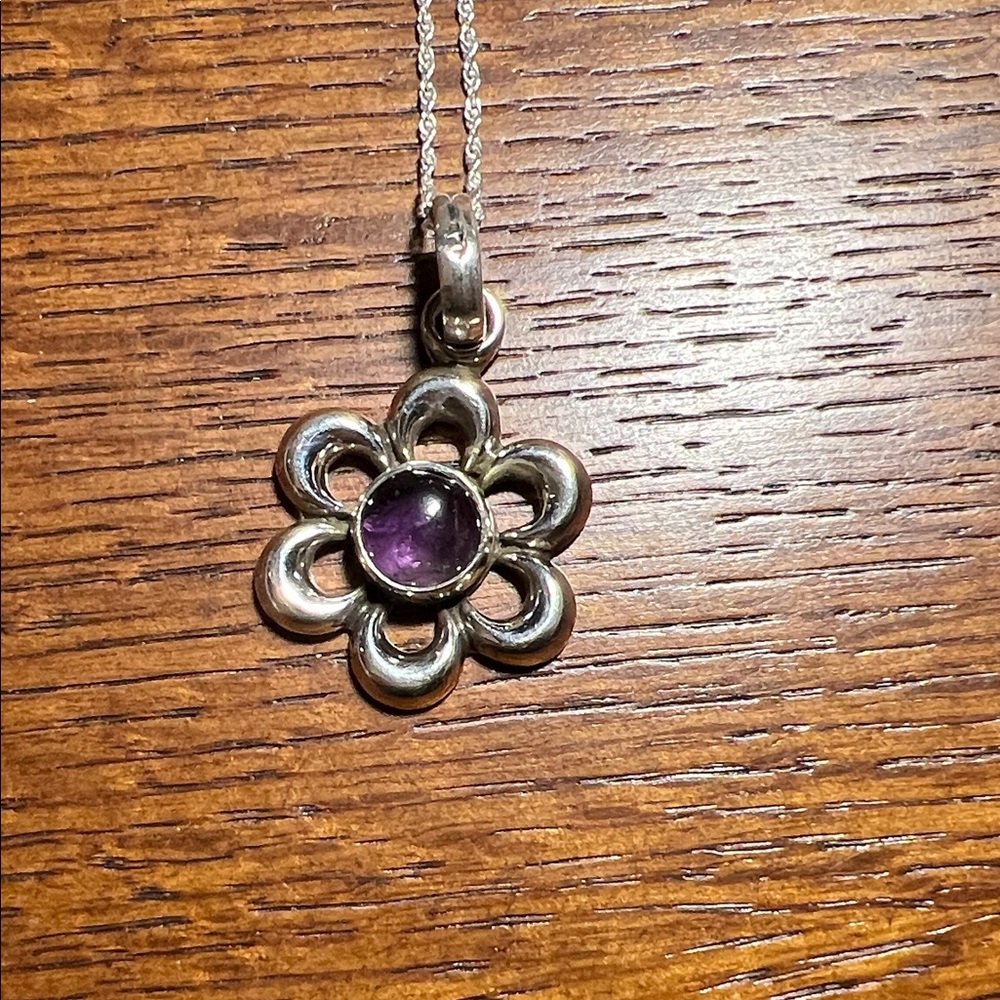 925 Sterling Silver Flower Pendant with Amethyst Centerpiece. 18” Rope  Necklace